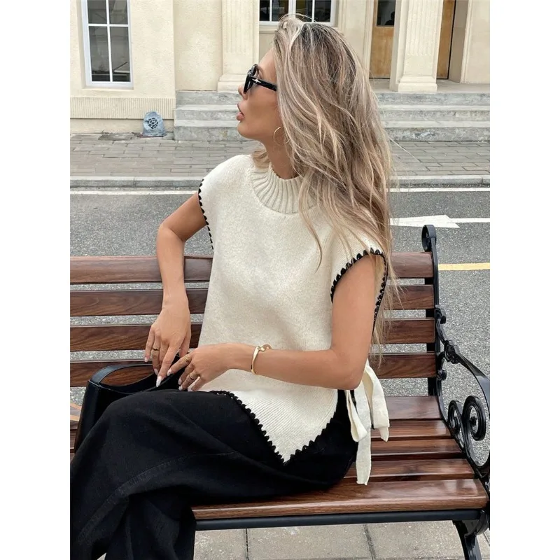 Women's Fast Selling Sleeveless Sweater Vest Simple Design Top Contrasting Colours Bow Tie Ties Comfortable White Dress