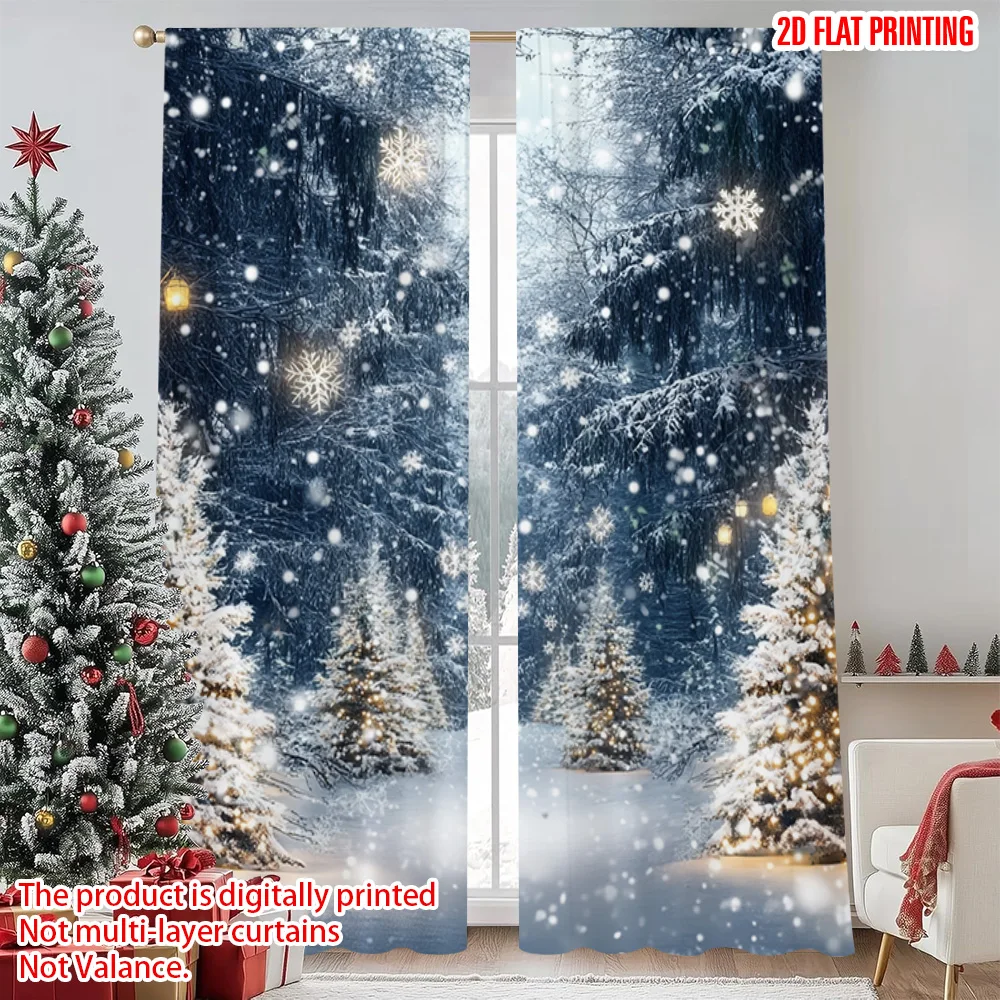 

2pcs 2D flat printing Christmas Window Curtains Christmas Forest Scene Versatile Polyester Without Electricity Festive Curtains