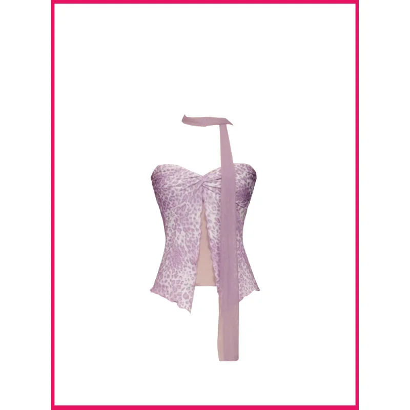 Tiger Print Mesh Splice Knot Sexy Crop Top Slimming Women's Fashion Summer New Style Polka Dot Halter Neck  Dress