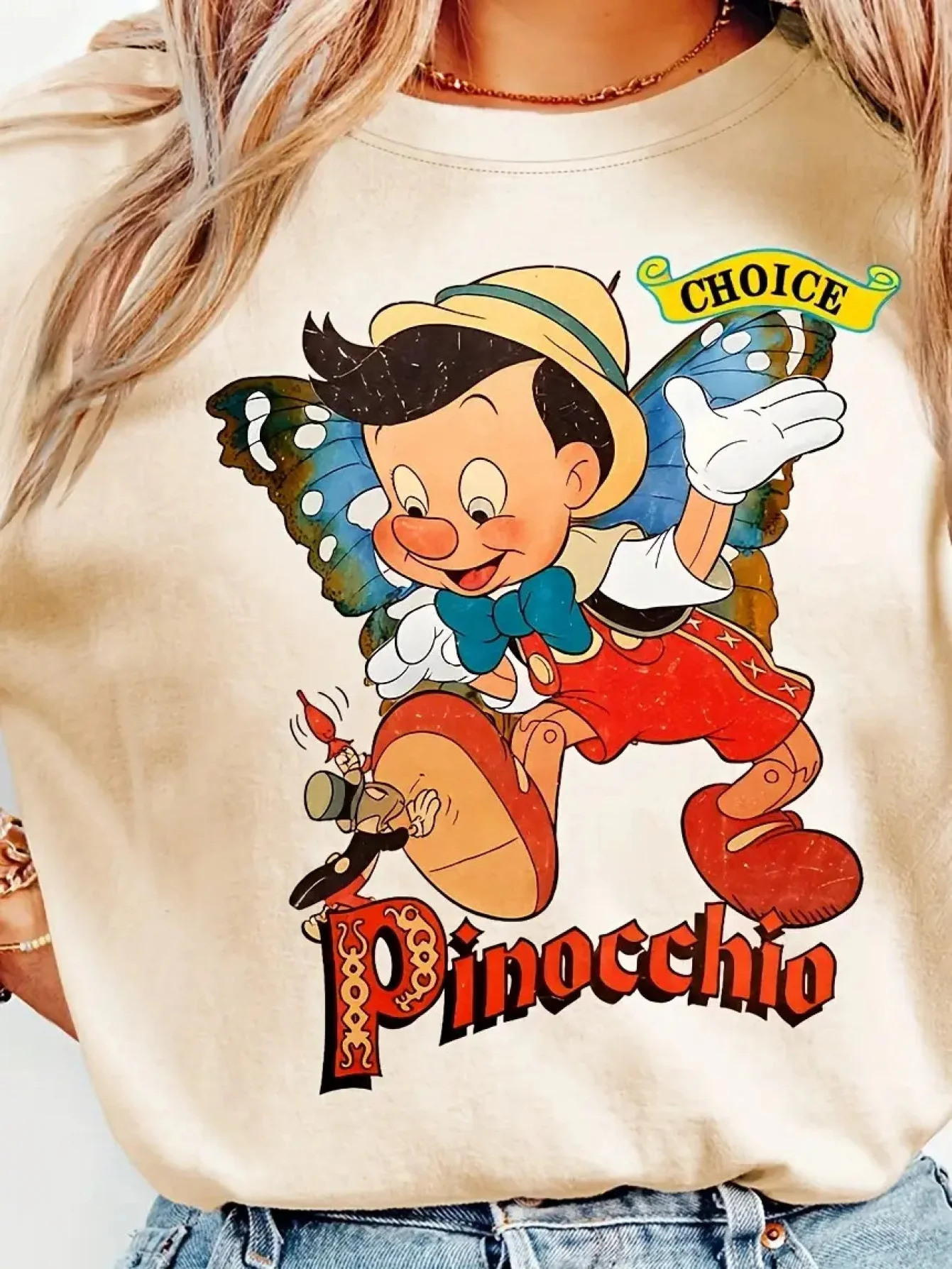 

Женская футболка Disney в стиле ретро с рисунком пиноккио и джима для крикета с коротким рукавом для мужчин и женщин