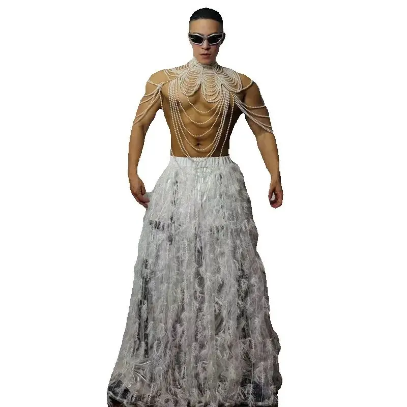 بار DJ لعب الأدوار ملابس للحفلات مثير القطب الرقص الدعاوى الرجال جوجو زي المرحلة الهذيان الزي اللؤلؤ أعلى ريشة تنورة XS10696 #4