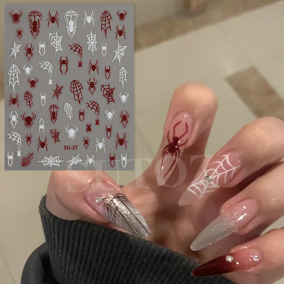 Red Spiders Halloween Nail Stickers, DIY Nails Charms Decor, Y2K Laser, Aranha e Cobweb, Preto e branco, Night Party, LESU-37