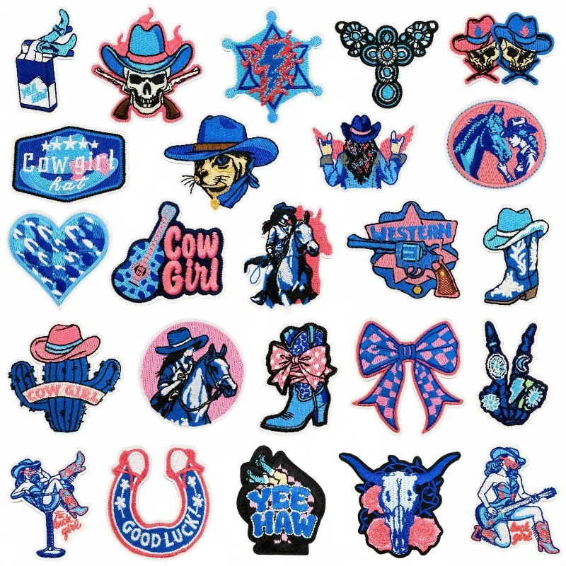 Pink Blue Western Cowgirl Yeehaw Cow Boots Iron-on Sew Embroidery Badge Patch DIY T-shirt Hat Backpack Clothing Applique Sticker