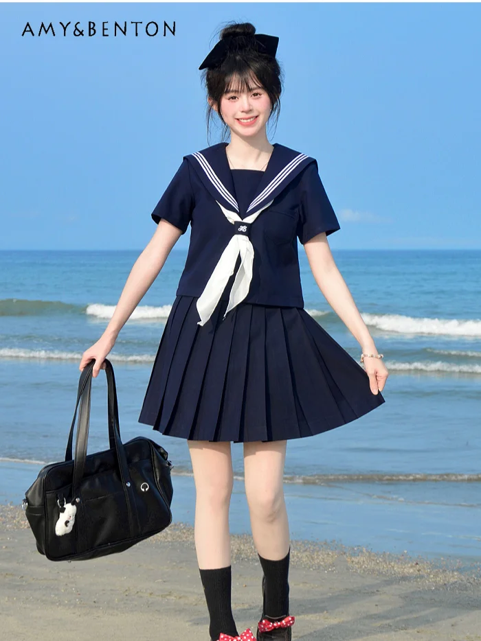 

Japanese Daily JK Sailor Suit Preppy Style Sweet Sailor Collar Short Sleeve Shirt High Waist Slim Pleated Skirt Two Piece Set