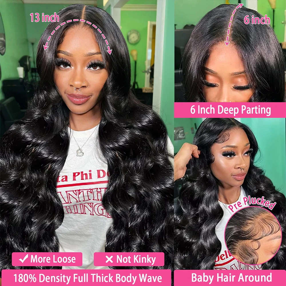 13x6 HD Lace Front Wig Human Hair Natural Black 40 42 inch Human Hair Body Wave Wet And Wavy Wig Pre Plucked Hairline with Baby Hair Drawstring Human Hair Wigs For Woman Transparent Swiss Lace Closure image 3