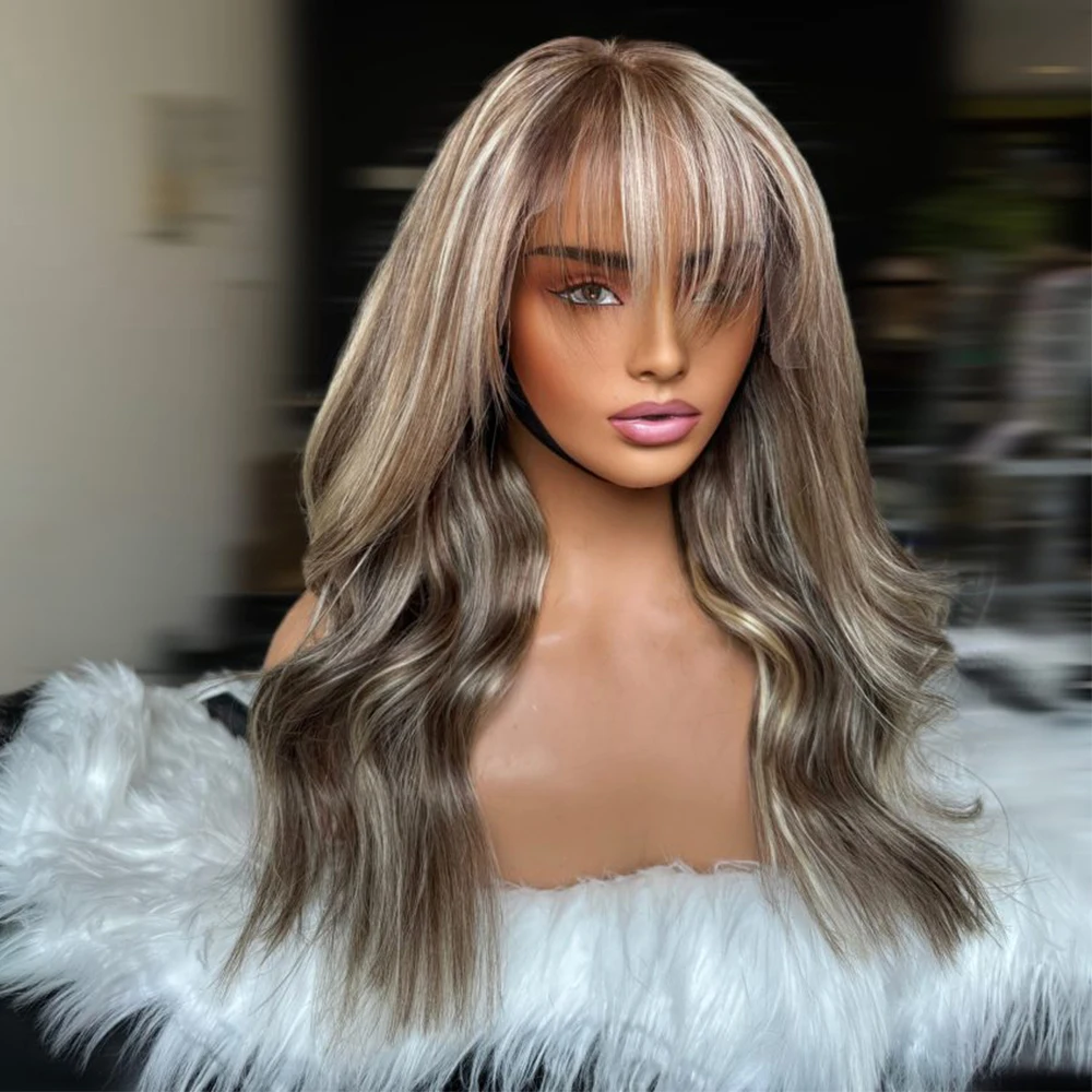 

Chestnut Brown Balayage Full Lace Wigs Blonde Highlights Bangs Wig Rooty Wavy Wig 100% Virgin Human Hair HD 13x6 Lace Front Wig