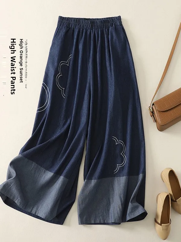 2025年夏新作 カジュアル 刺繍入りデニム ワイドレッグパンツ ルーズ カラーブロック ゆったり ルーズフィット アーティスティック レトロ パンツ