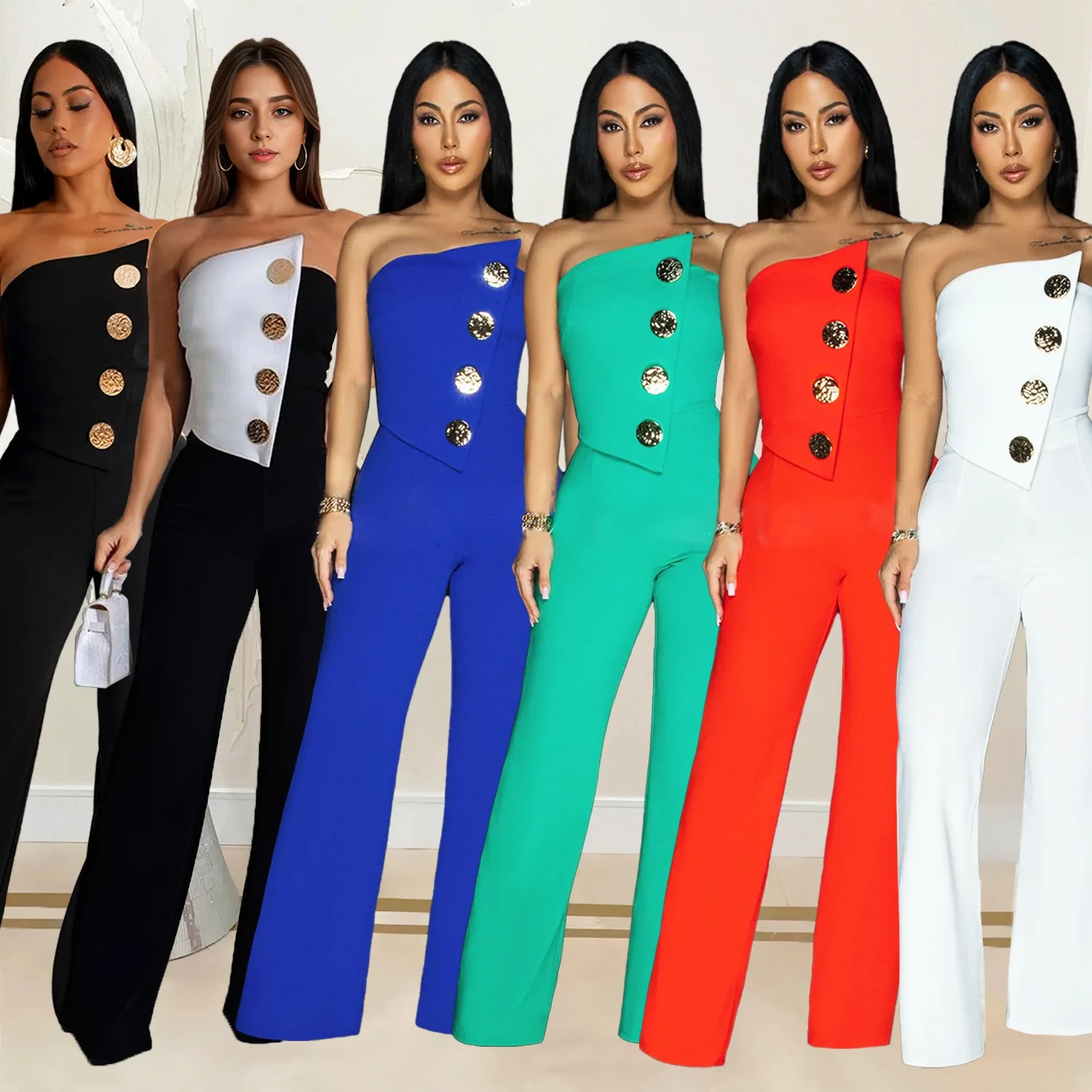 Sexy Nightclub Party Prom Club Banquet Sleeveless Buttoned Jumpsuit Trousers Pants