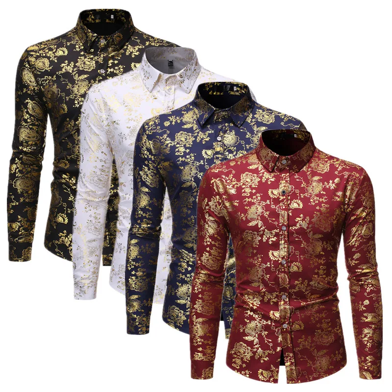 New Men Gold Stamp Printed Long Sleeve Shirt Black / White / Wine Red Fashion Male Business Social Casual Lapel Tops