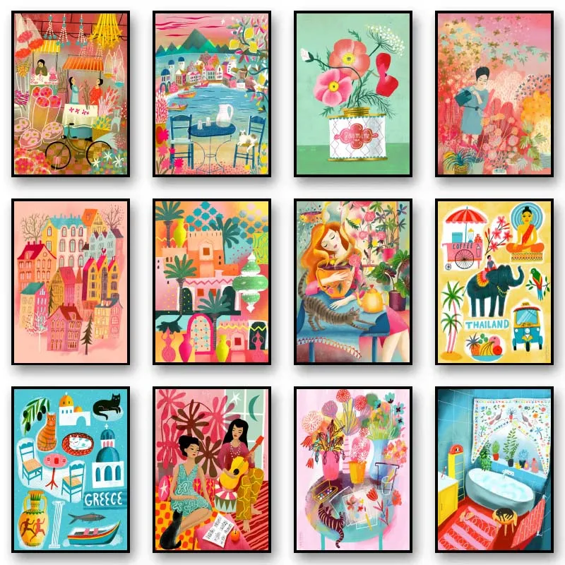 Boho Fashion Girl Drawings Illustration Animals Flowers Wall Art Canvas Painting Poster And Prints Pictures For Home Decor