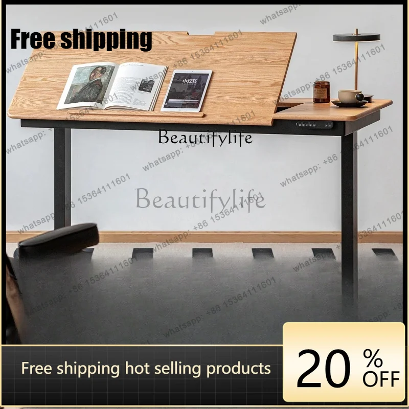 Factory Direct  Electric lifting table Solid wood small apartment can be lifted and tilted Home computer Study table Oak