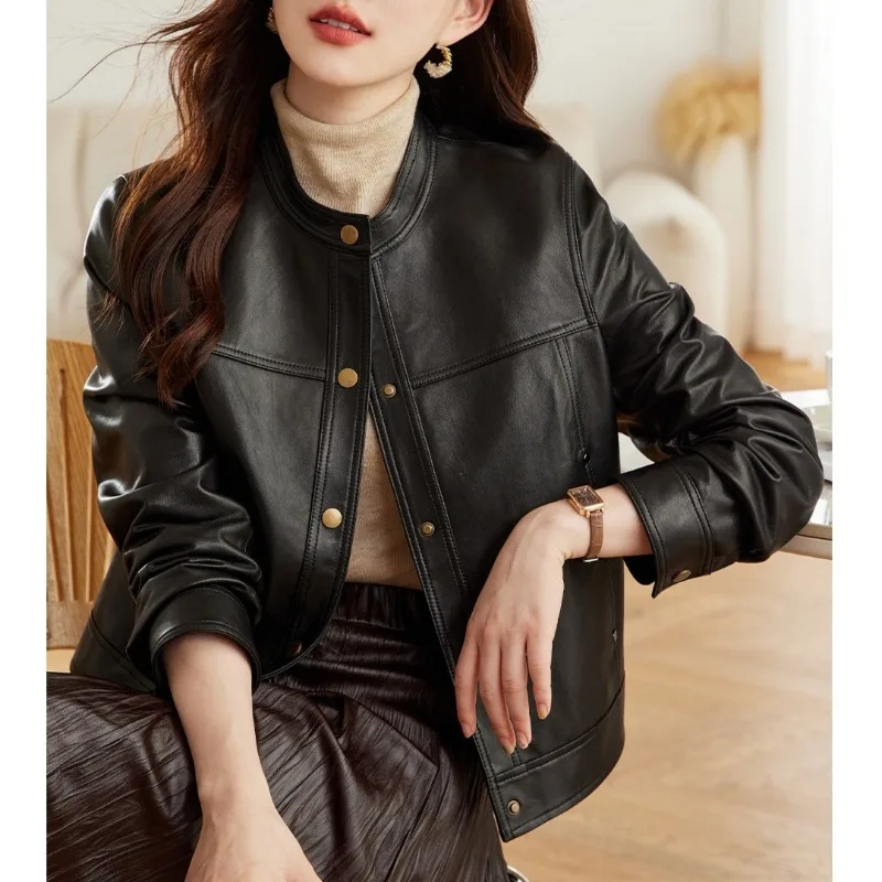 PU Leather Jacket Women's Spring and Autumn Short Motorcycle Jacket Female Single-breasted Coat Streetwear Tops