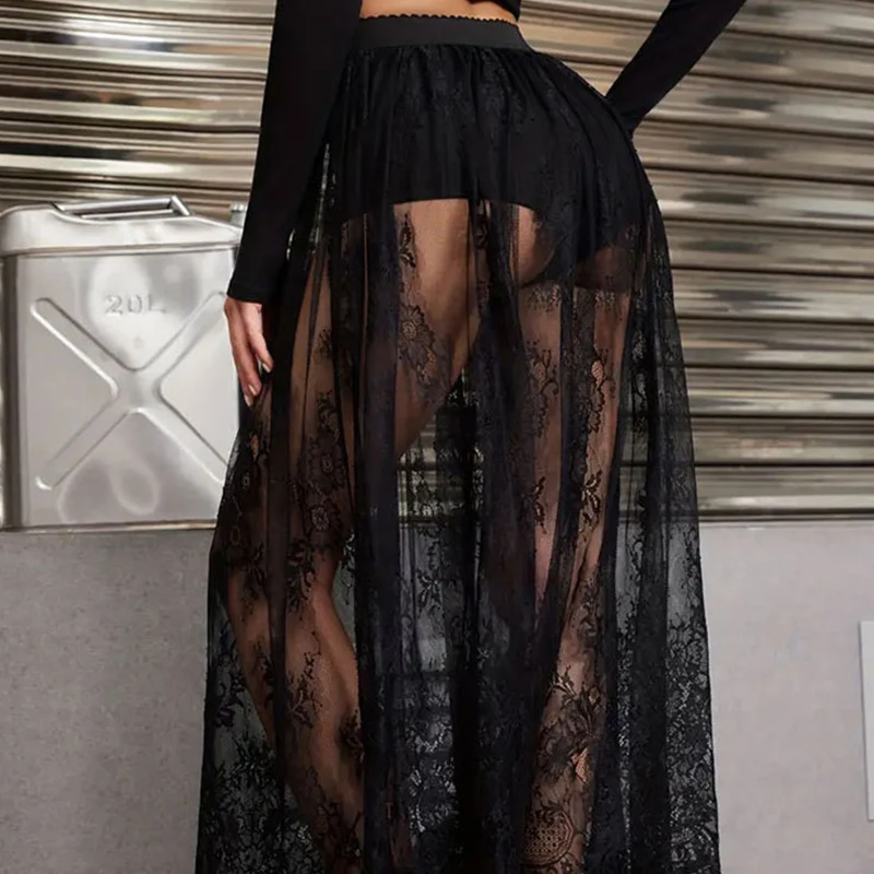 

Women's Summer Gothic Lace Sheer Midi Long Skirt Elegant Party Evening Sexy Y2k See Through Skirt For Women Vintage Sundress