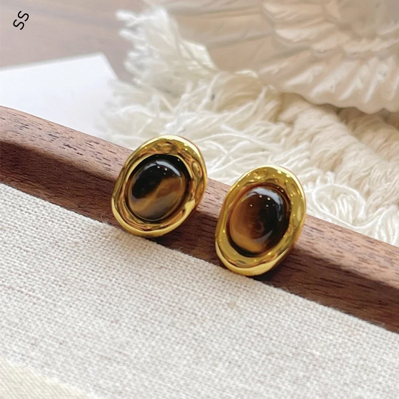 

Personality Niche Tiger Eye Stone Studs Earring S925 Silver Anti-allergy Small Element Women's Ear-pin Accessories Fashion