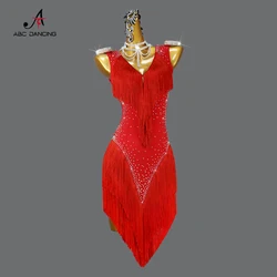 Ropa de flecos de baile latino rojo para mujer adulta, vestido de noche de competición de salón, falda deportiva Sexy para escenario al aire libre, baile de graduación de Samba