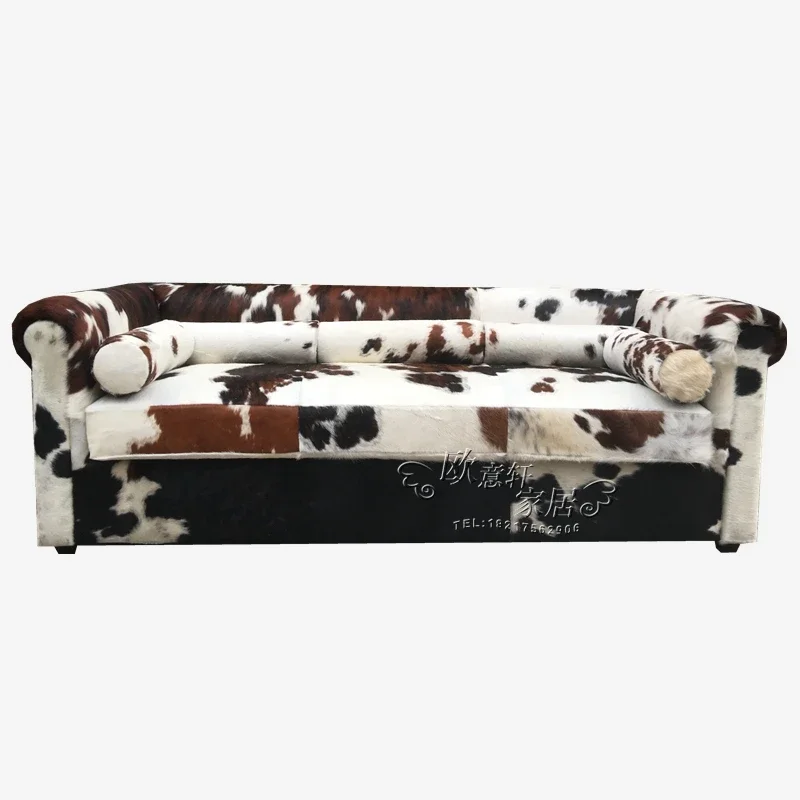 

Yellow Cow Leather Sofa Black and White Single Double Sofa for Three People Living Room Bedroom Club House Combination