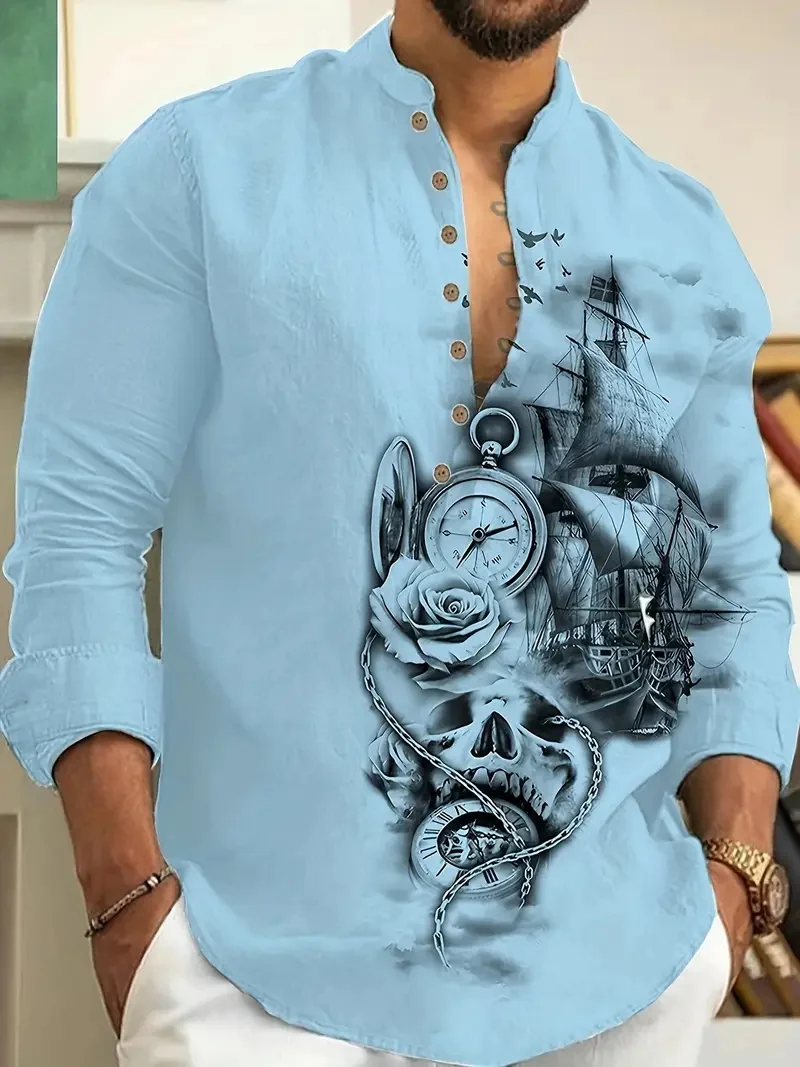 Men's Long Sleeve Clothing Fashion Men's Casual Loose Button Printed Shirt Long Sleeve Men's Hawaiian Shirt