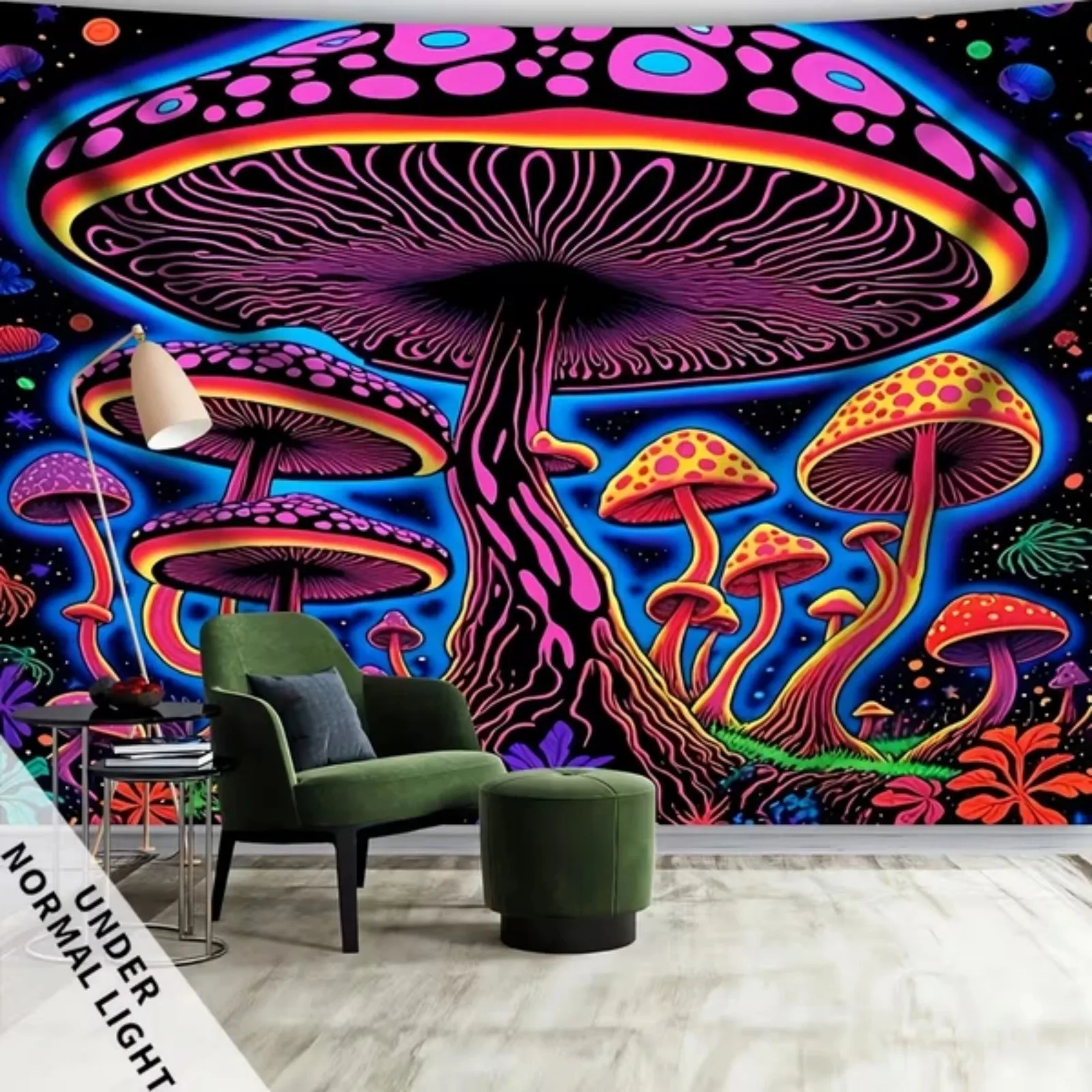 1pc Large Peach Skin Velvet Tapestry, UV Reactive Fluorescent Mushroom Forest Landscape, Aesthetic Hanging Wall Decor for Bedroom, Living Room, Office, Indoor Use, Polyester, 90gsm