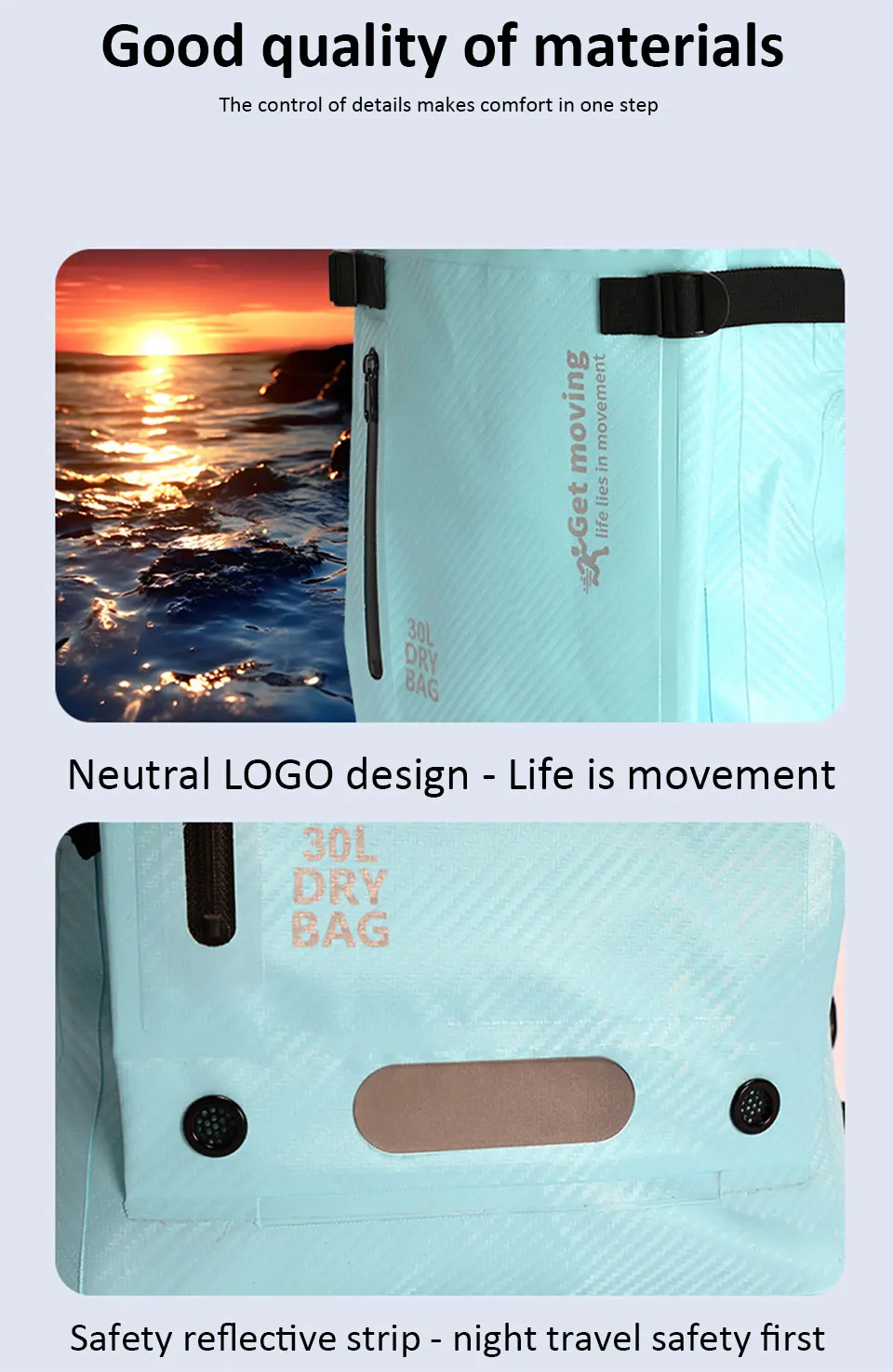 30L Trockentasche mit großem Fassungsvermögen, Trocken- und Nasstrennung, wasserdichter Schwimmrucksack für Reisen/Wassersport/Wandern, Aufbewahrungstasche – Detail 11