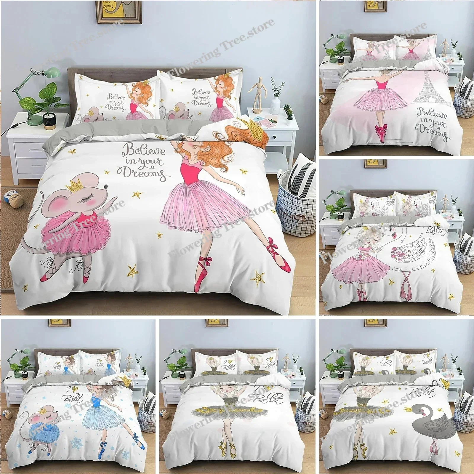 Dancing Girl Duvet Cover Ballet Girls Bedding Set Home Textile Bedclothes Soft Girly Comforter Cover QueenKing Size for Kids