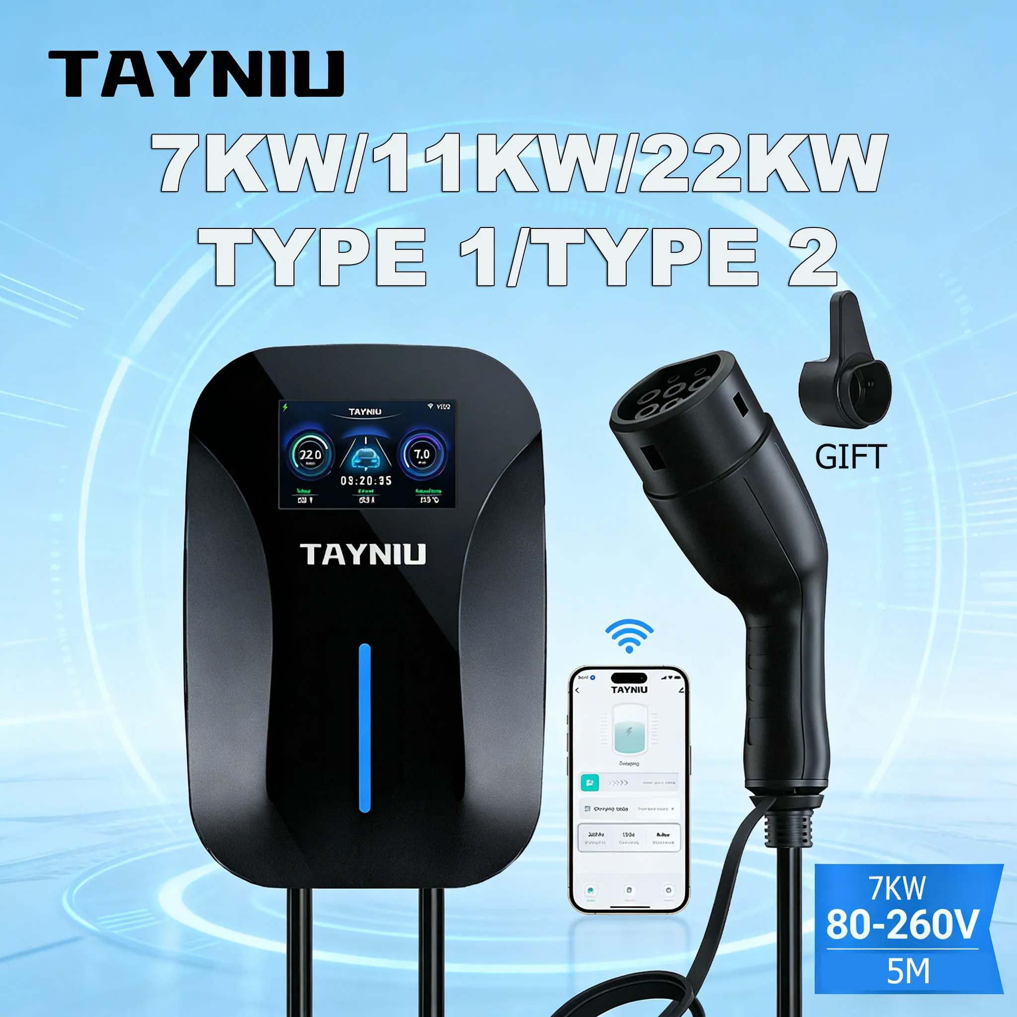

Зарядное устройство TAYNIU Wallbox для электромобилей 7кВт 11кВт 22кВт, Тип 1 и Тип 2, с управлением через смарт-приложение, для BYD, KIA, Nissan, для домашнего использования