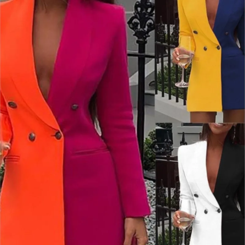 Spring Autumn Women's Fashion New Small Suit Contrast Color Splicing Business Wear Sexy V-neck Cardigan Small Suit