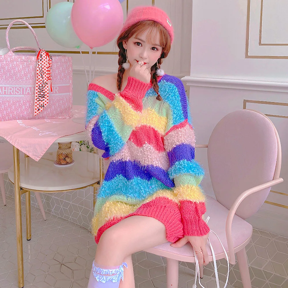 

2021 Winter V-neck Sweaters For Women Sweet Rainbow Stripes Fashion Pullover Female Kawaii Knitted Jumper Lady Sweater Hot Sale