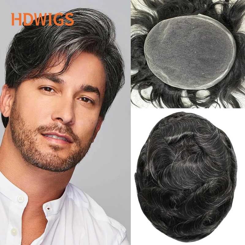 

Мужской парик-накладка HD Lace PU из натуральных волос HDWIGS, имитирующий кожу головы, с индийскими волосами, натуральный серый цвет