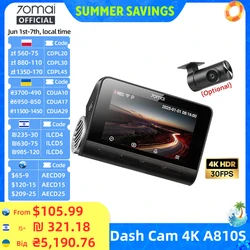 70mai Dash Cam A810S Front 4K Rear 1080P Support 4G Module GPS & ADAS Night Vision Supercapacitor Car DVR 70mai A810S