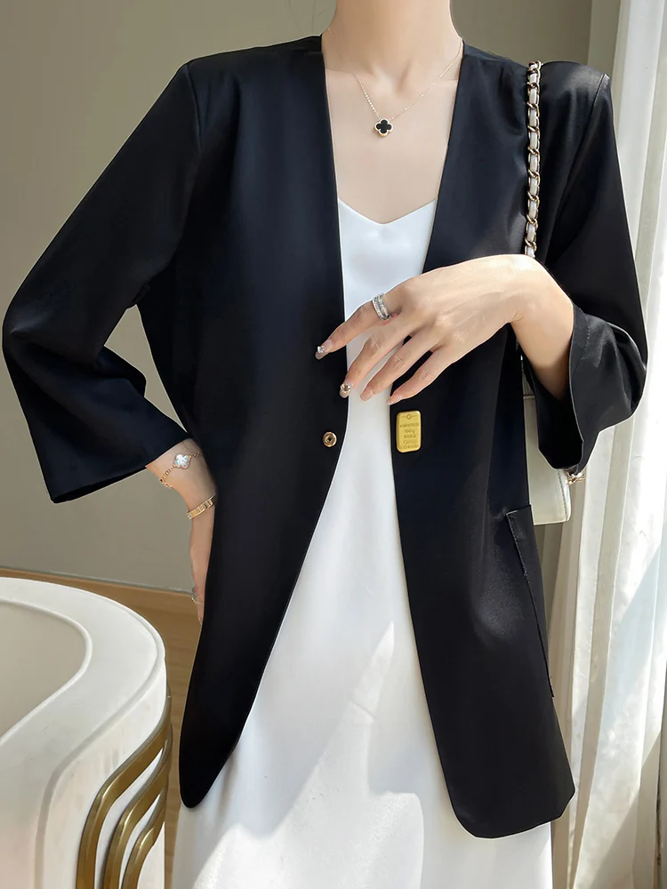 

High-End Luxury Acetate Satin Suit Jaet Women's Korean Sle Unique Design Versatile Profional Long Sve Busin Top