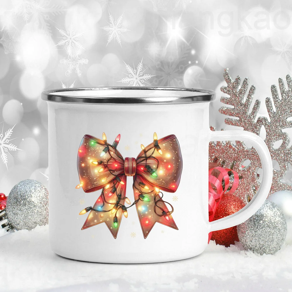 Christmas Vibes Bow Printed Enamel Coffee Mugs Christmas Party Wine Beer Juice Drink Cups Home Kitchen Drinkware Gifts for Her