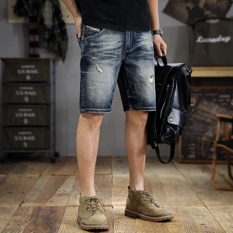 Summer Fashion Brand Retro Washed Scrape Ripped Denim Shorts Men's Slim Straight Shorts Ins Street Ruffle Handsome Middle Pants