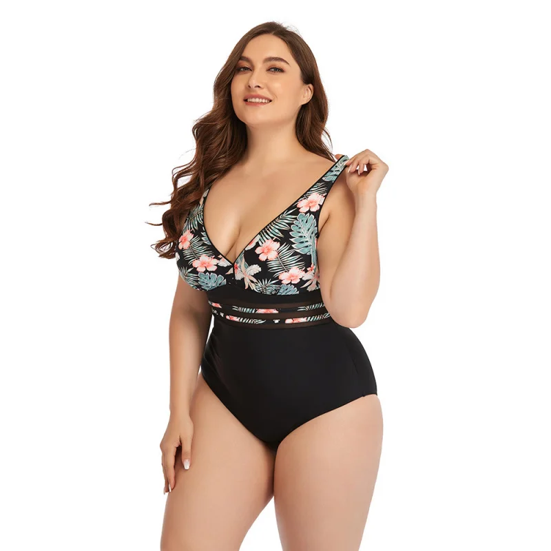 Fashion Plus Size One-Piece Swimsuit Sexy with Chest Pads No Underwire Swimwear