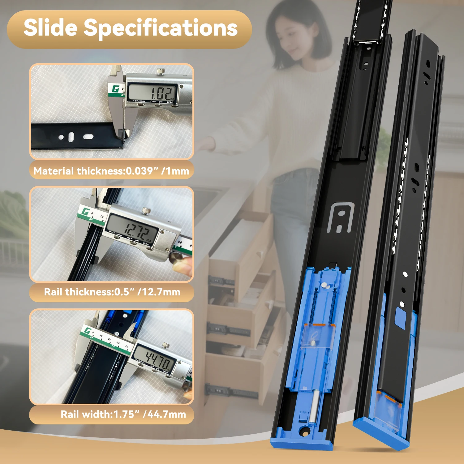 AOLISHENG Push to Open + Soft Close Drawer Slides 10″ - 24″ Kitchen Cabinet Drawer Glides 1 Pair - Ball Bearing Full Extension
