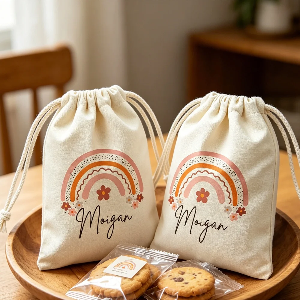 1Pc Custom Name/Text Rainbow Pattern Imitation Hemp Gift Bags, Extra-Large Drawstring Bag, Party Gift Candy Bags, Christmas Gift