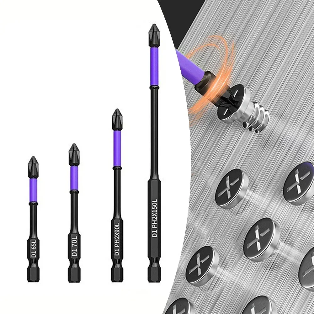 4pc PH2 Magnetic Batch Head Cross Screwdriver Hardness Impacts Drill Bits 65/70/90/150mm Non-Slip Screwdriver Bits