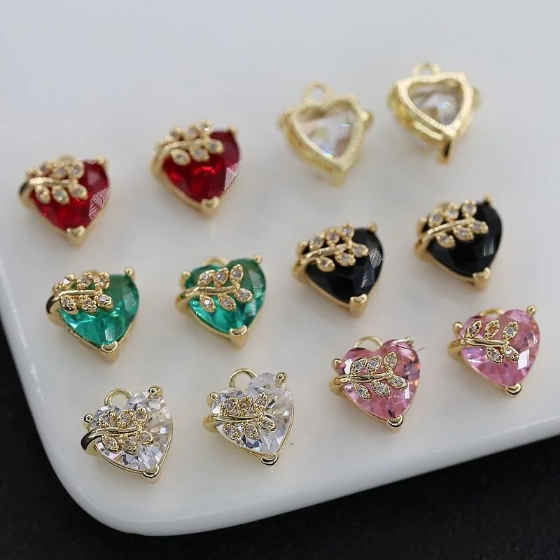 

6PCS 14K Gold plated Brass Zircon and Glass Heart leaf Connect Charms Pendants DIY Necklace Earrings Jewelry Making Supplie