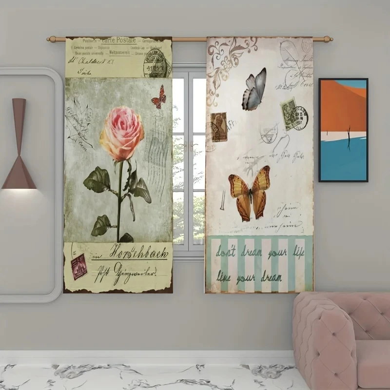 Vintage Rose Butterfly Printed High Shading Curtain Window Sheer Curtain for Living Room Bedroom Office Home Decor Rod Pocke