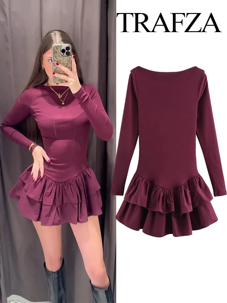 

HH 2025 Trendy Long Sleeves Solid Ruffle Cascading Boat Neck Slim Solid Mini Dresses For Women Elegant Spring Party Dress