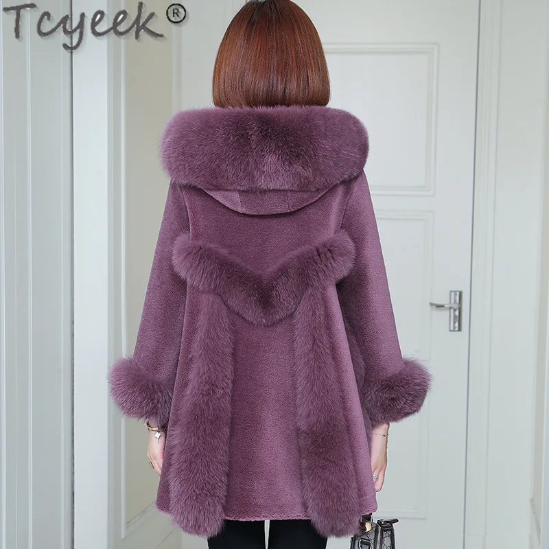 Tcyeek casacos de shearling de ovelha de comprimento médio, casaco de lã real, roupas femininas, gola de pele de raposa quente, jaqueta de pele feminina de inverno