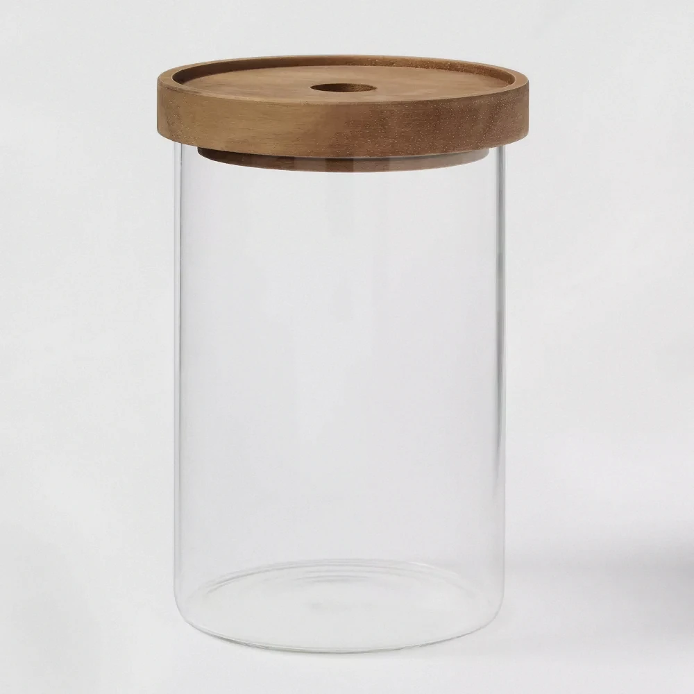

48oz Clear Glass Storage Canister with Airtight Wood Lid,BPA-Free Food Jar Container Kitchen Pantry for Sugar,Flour,Coffee,Tea