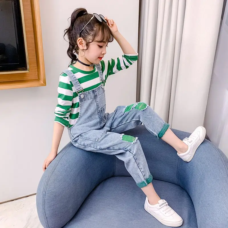 

2023 Teen Girls Sweatsshirt +Denim Overalls Sets Autumn Girls Suspender Pants Casual Teenage Children's Rompers Jumpsuits Suits