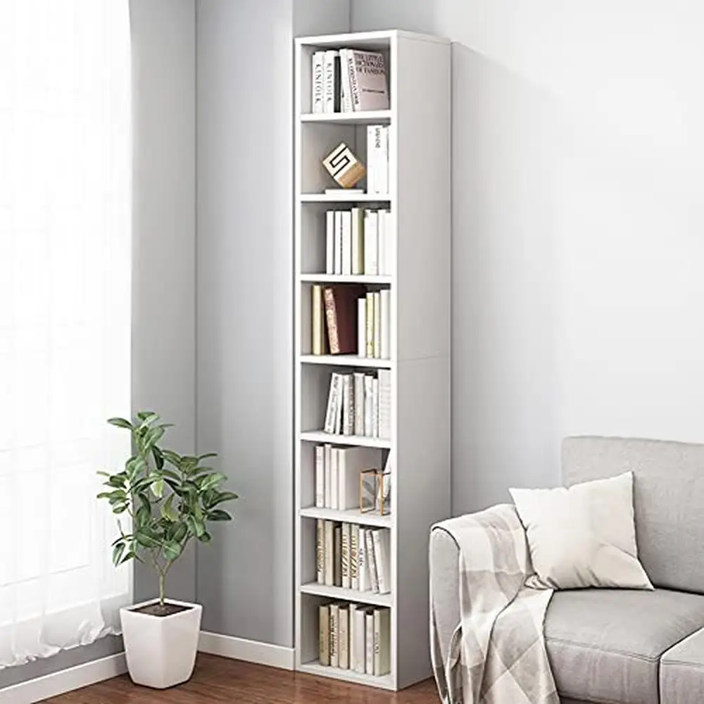 

Narrow Corner Bookcase 71" Tall Adjustable 8 Shelves Freestanding Cabinet Durable Wood Tower Rack Bedroom Living Room Balcony