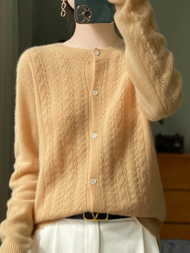 100% pure cotton cardigan spring women\'s new O-neck hollow loose and slimming cashmere sweater knitted thin