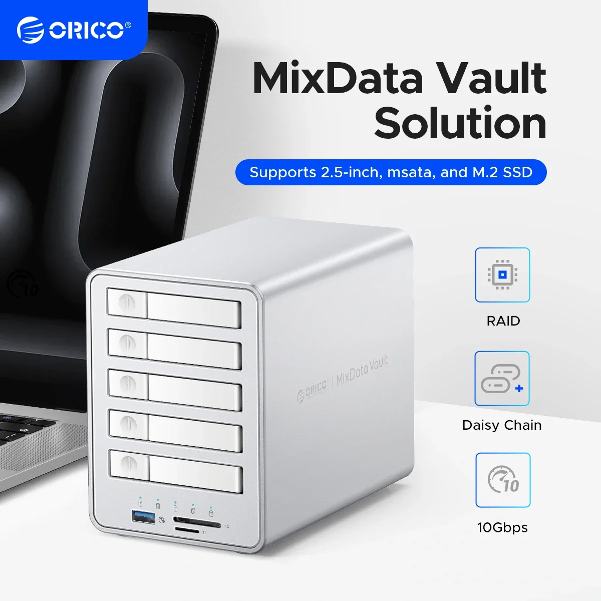 ORICO 5 Bay 10Gbps SATA HDD SSD Docking Station with 10Gbps USB 3.2 SD TF 3.0 Ports Cooling Fan Support RAID Daisy Chain