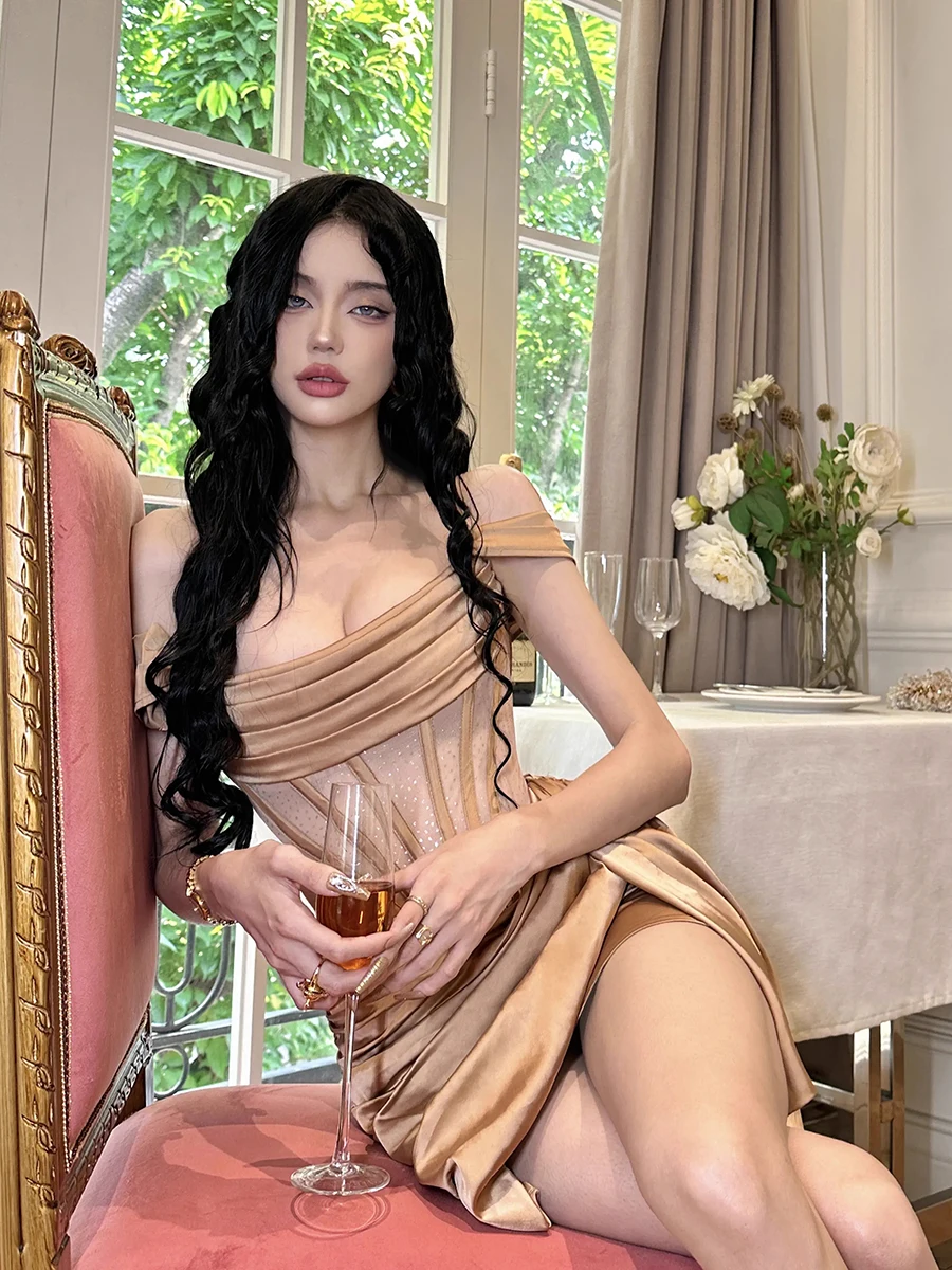 REDDACHiC Luxury Gold Corset Mini Satin Dress Women Fishbone Patchwork See-through Mesh Sparkle Party Evening Vintage Clothes