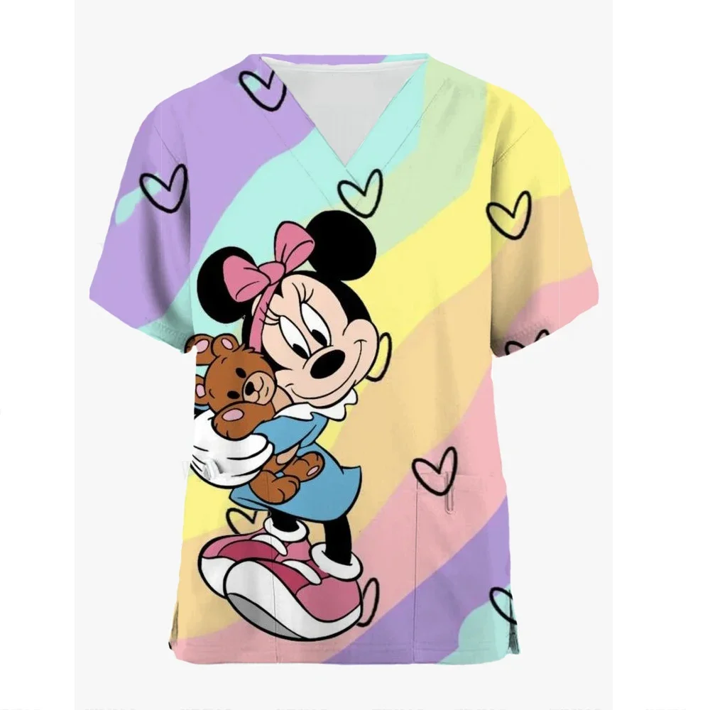 

2024 3D Disney Mickey Mouse Scrub Tops Women Short Sleeve V-neck Tops Nurse Uniform Cartoon Print Working Blouse Ladies uniform