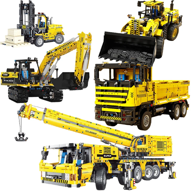 2.4G Remote Control Engineering Car Excavator Crane Loader Trucks Moc Bricks Technical Model Building Blocks Toys For Kid Gift