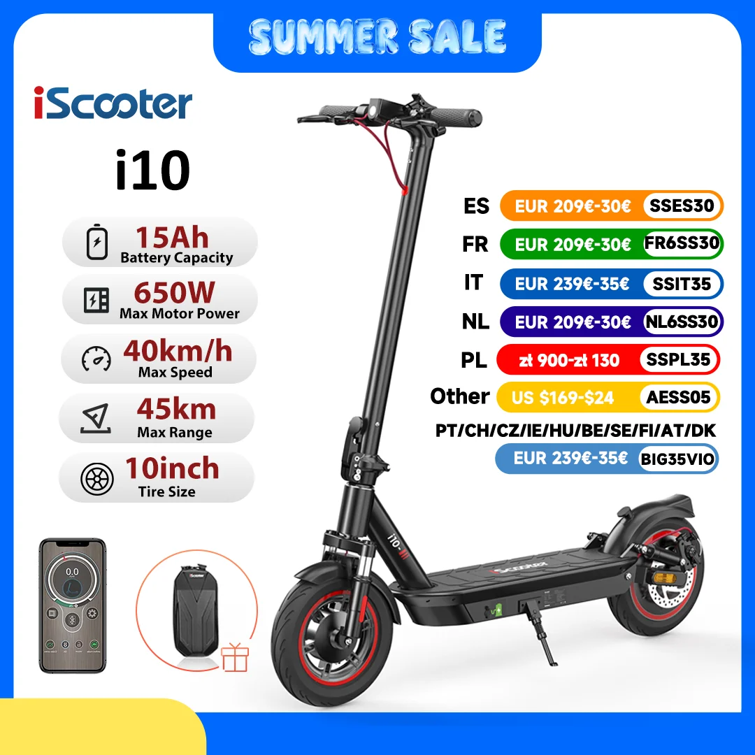 IScooter-Trottinette Électrique Pliable i10, Autonomie Maximale de 45km, 650W, 15Ah, 10 Pouces