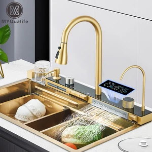 Smart Digital Display integriertes Küchenspüle Set, Temperaturkontrollwasserreinigungswasserfall, Seife, Tasse Waschmaschine, golden 10 Hauptverkaufsspülengerichte - №3
